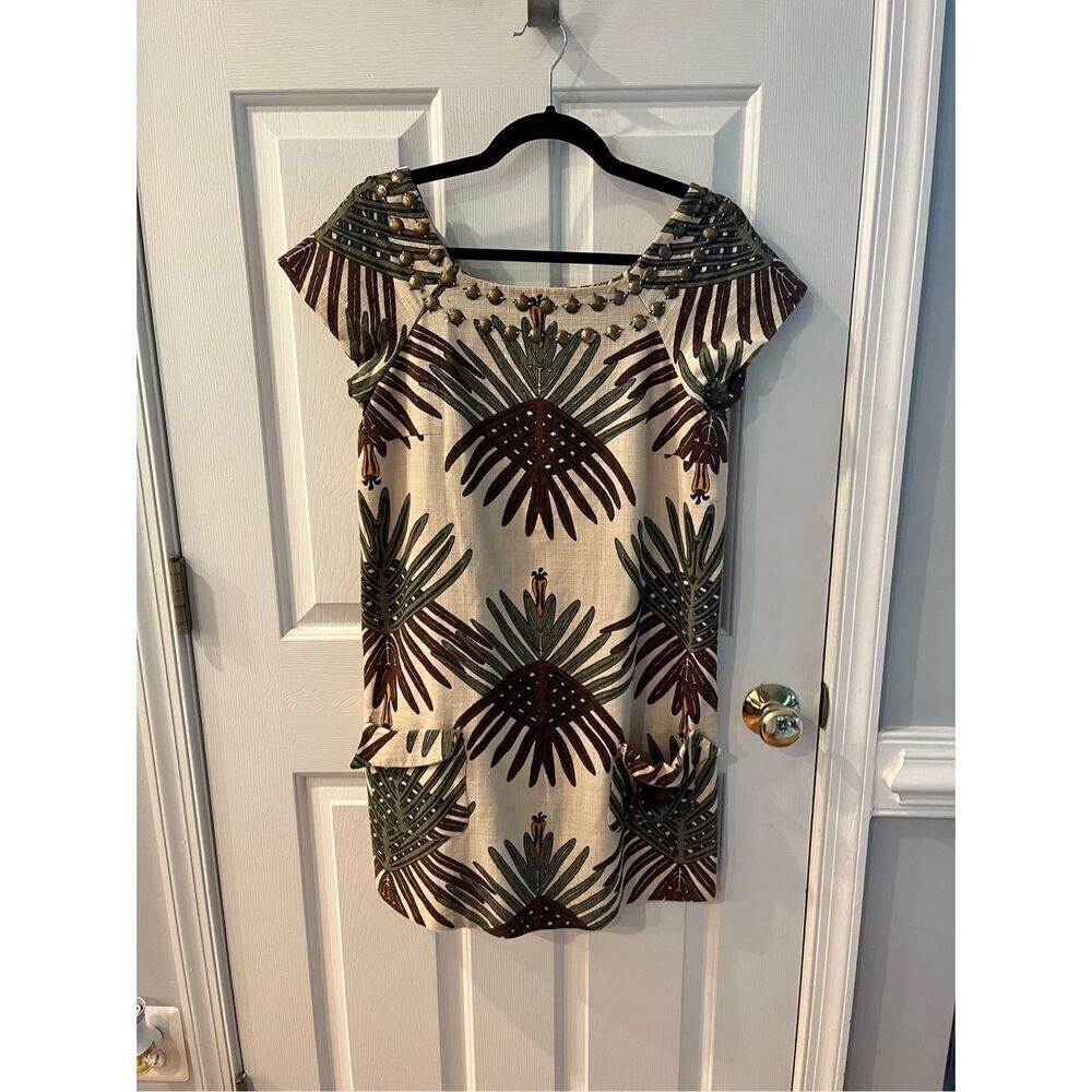 HOSS Intropia Cap Sleeve Natural Look Bronze Trimmed Wood Button Accent Dress sz
